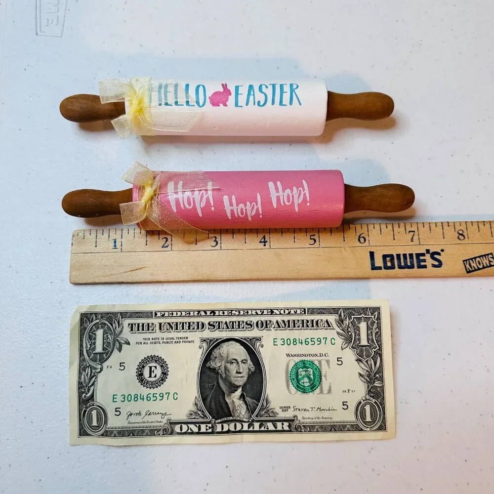 Set of 2 Easter mini rolling pins decoration Hop! Hop! Hop! and Hello Easter